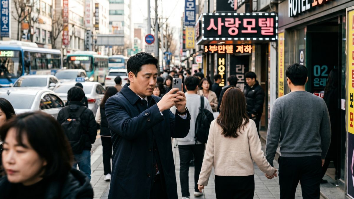 사람들이 많이 다니는 거리에서 증거수집을 하고 있는 고탐정