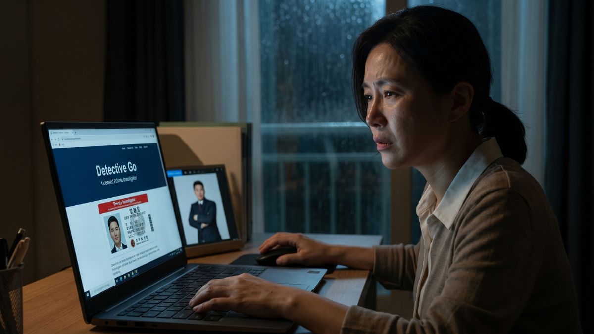 온라인으로 고탐정사무소를 검색하고 있는 여자