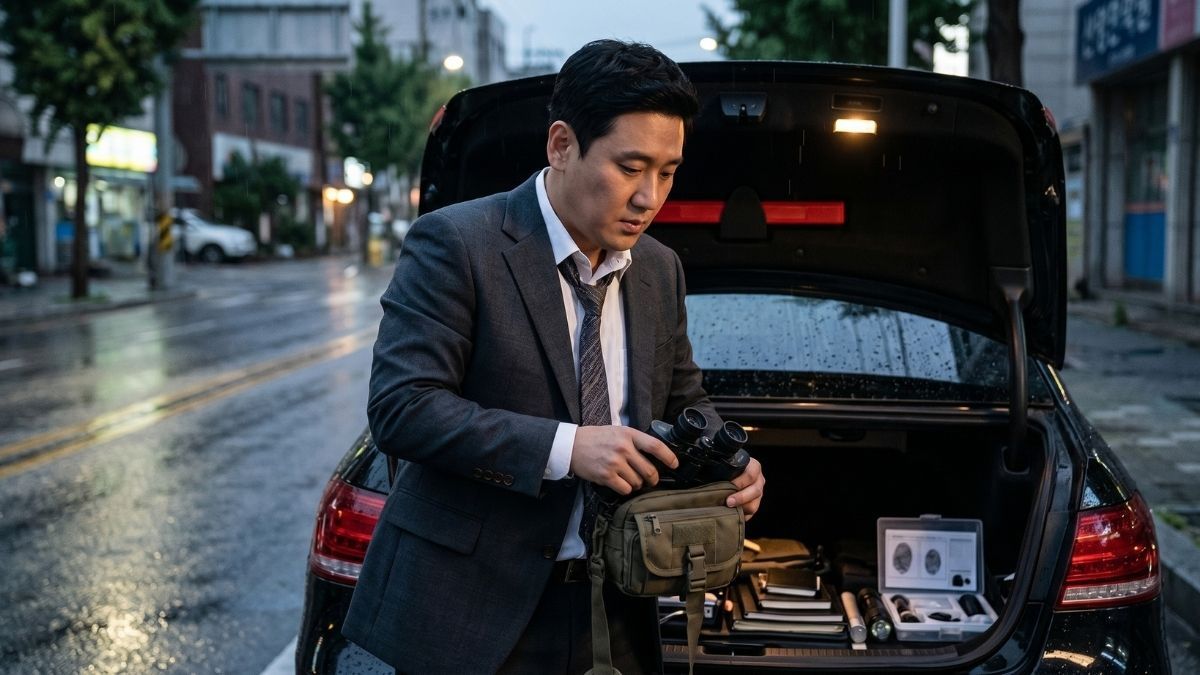 차 트렁크에서 증거수집 도구를 챙기고 있는 고탐정
