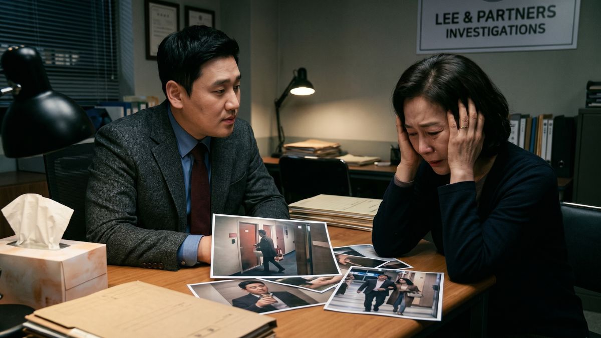 탐정사무소에서 의뢰인과 상담을 진행하고 있는 고탐정