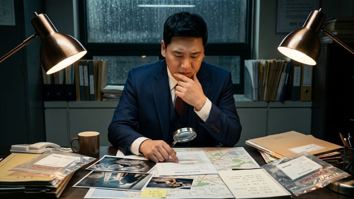 탐정사무소에서 증거자료를 보면서 생각하고 있는 고탐정